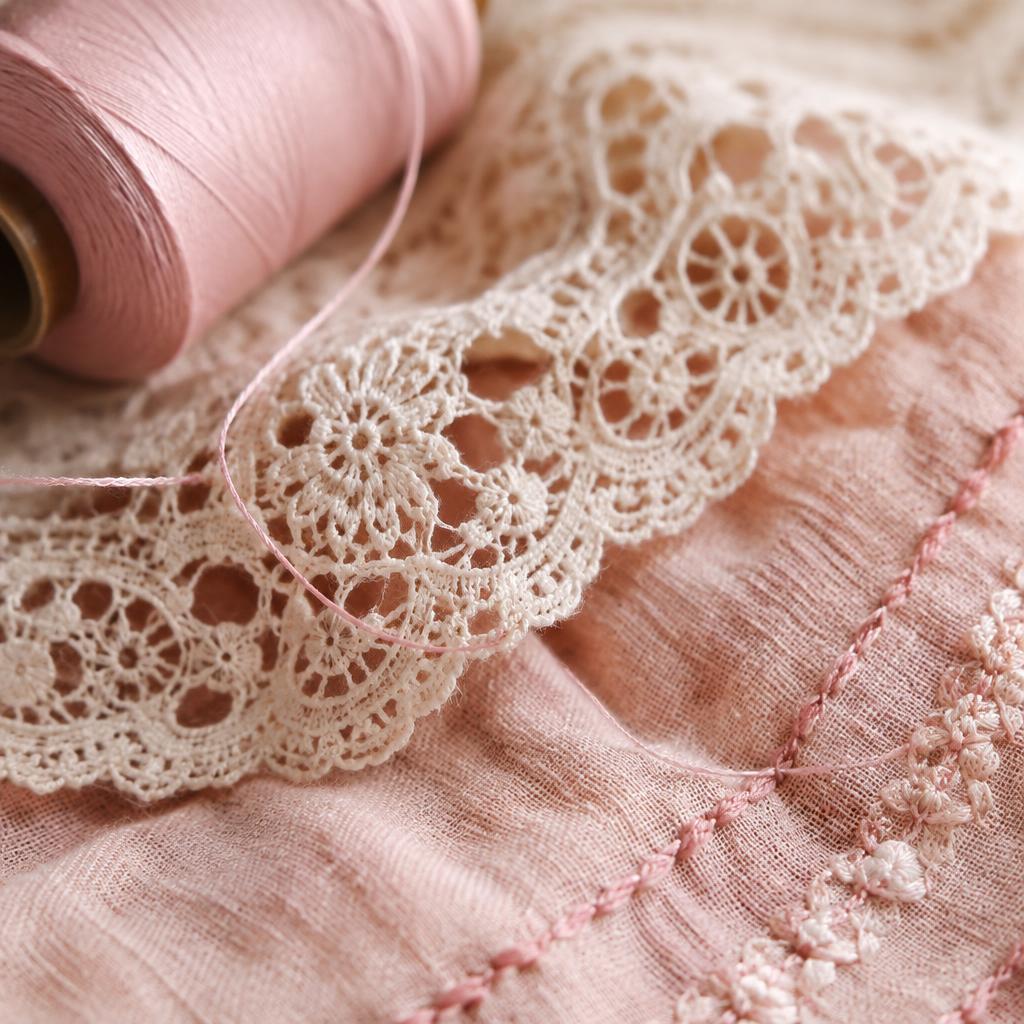 Detalle de costura artesanal con hilo rosa