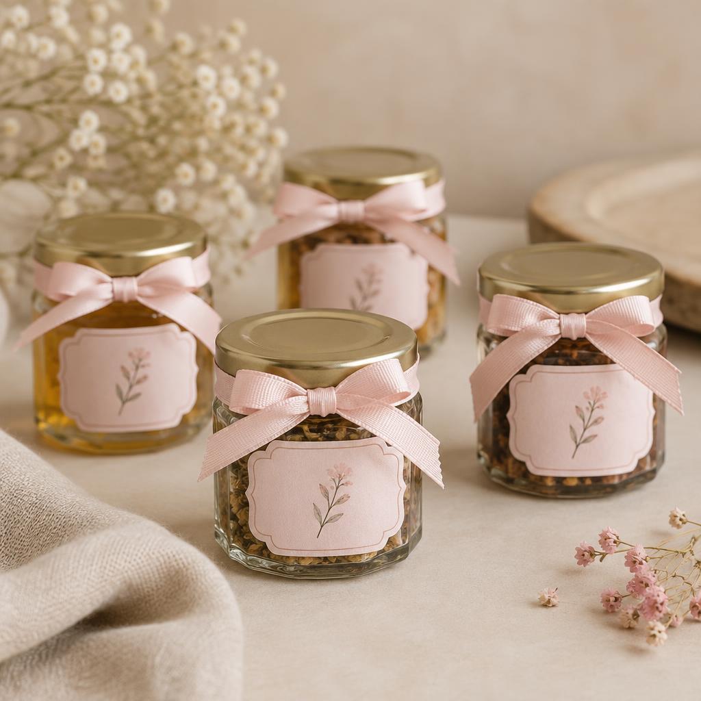 Frascos personalizados con lazos rosas