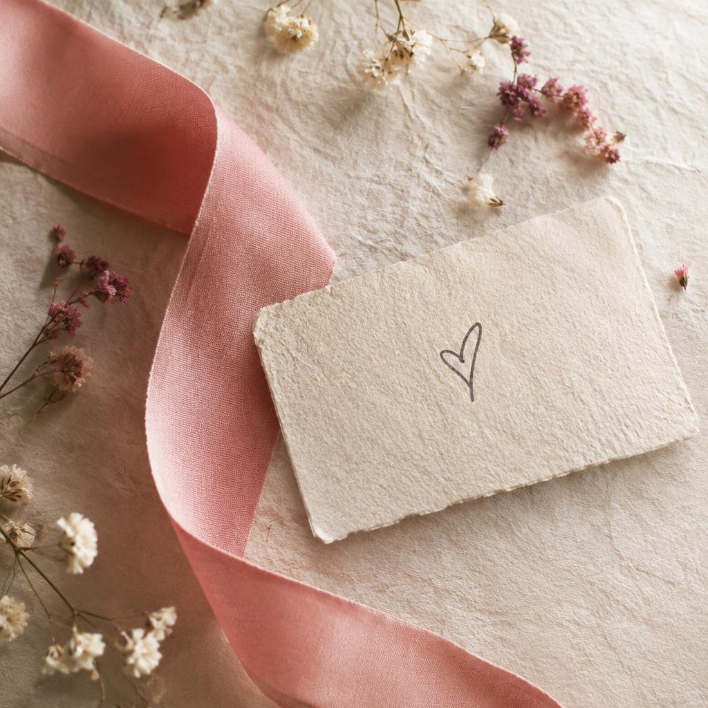Tarjeta artesanal con flores secas y cinta rosa