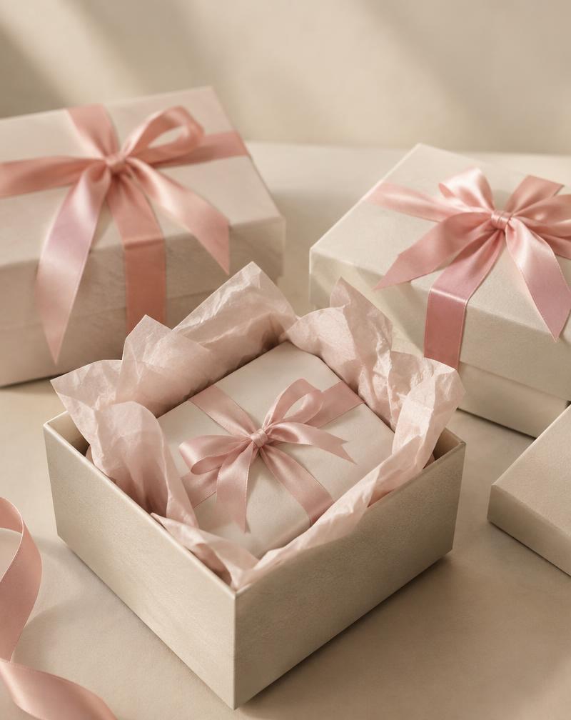 Caja personalizada con papel de seda y cinta rosa