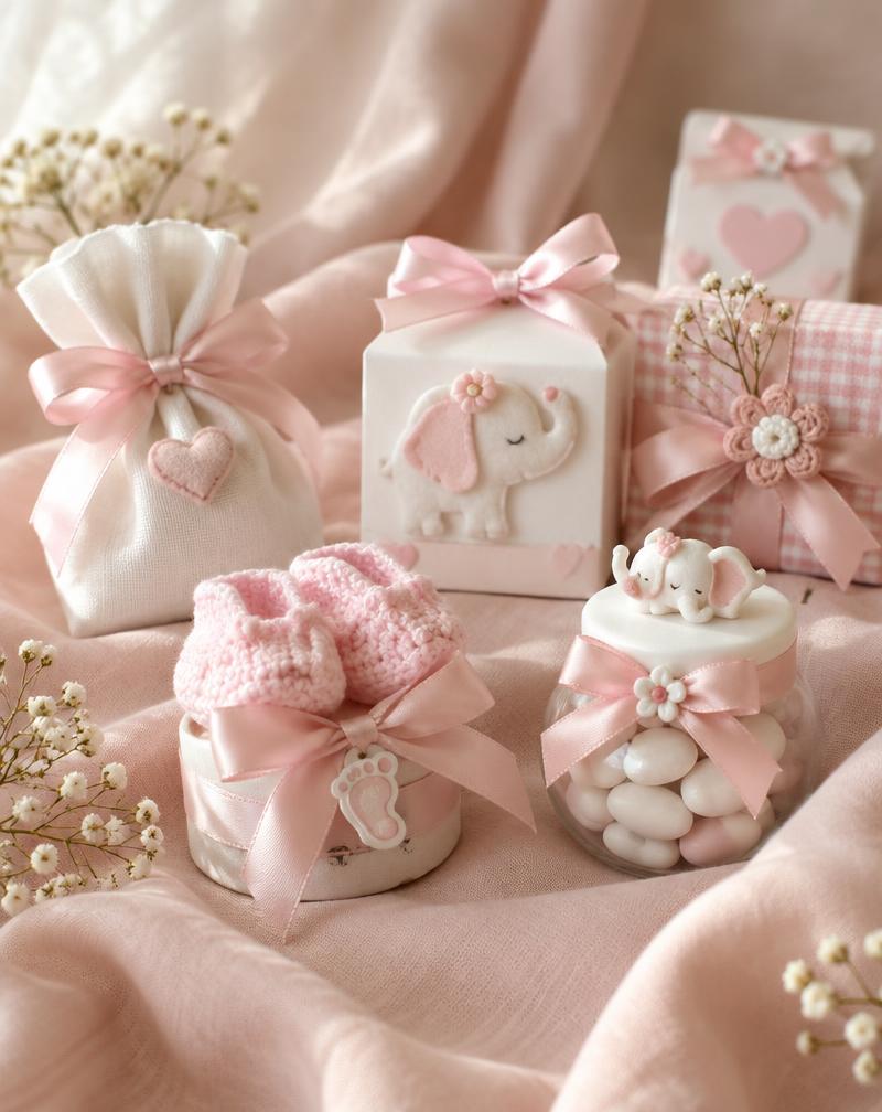 Souvenirs infantiles en tonos rosa y blanco